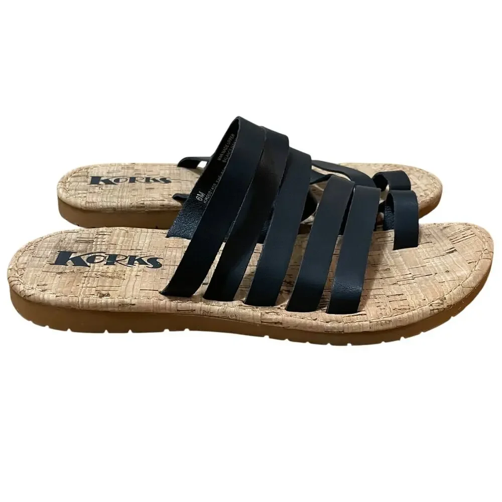 KORKS Women's 6 Black Shay Strapy‎ Faux Leather Slip on Comfort Sandal